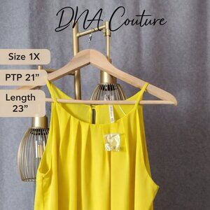 DNA Couture Yellow Pleated Tank Top 1X | Flowy Sleeveless Blouse